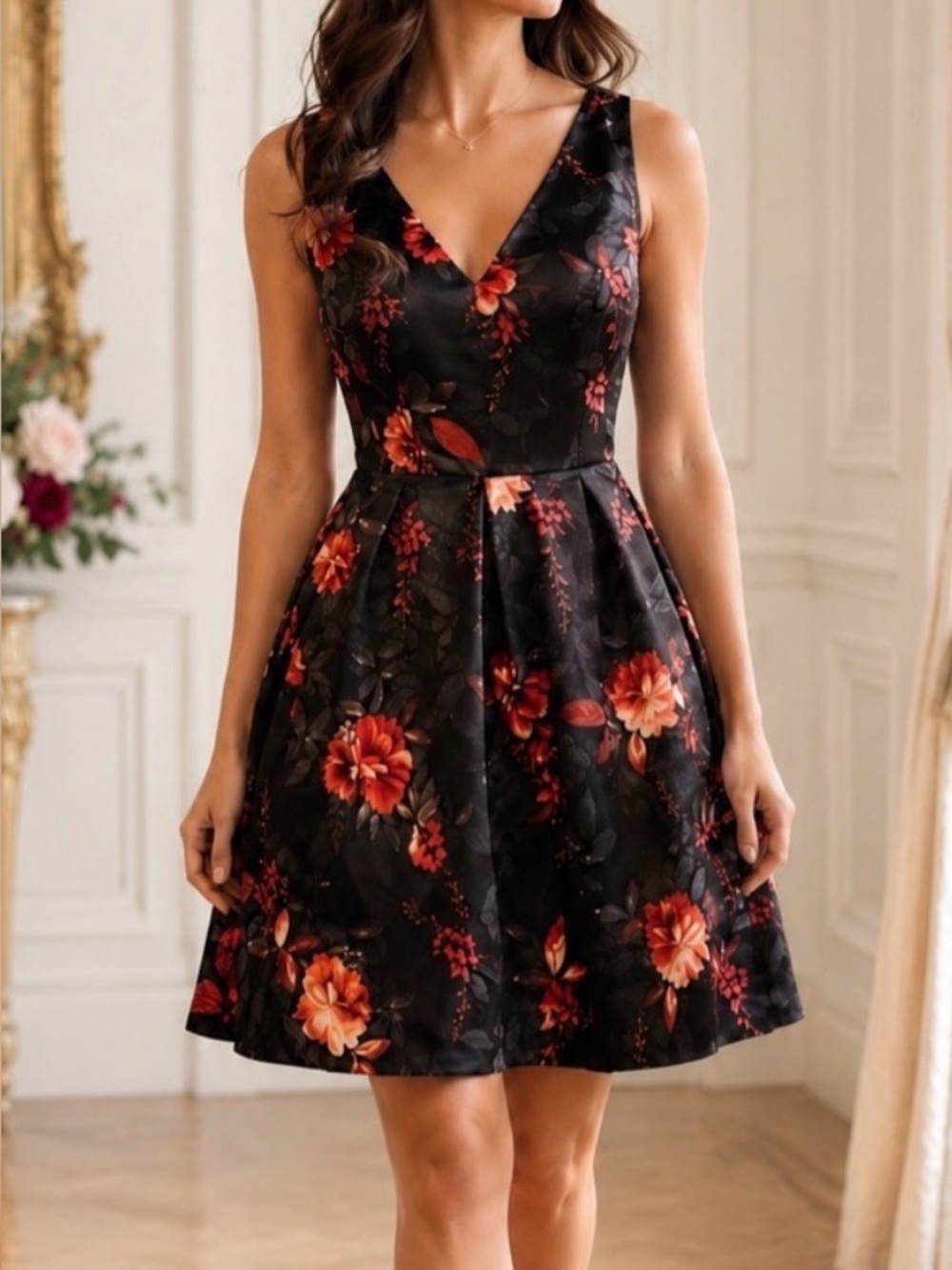 Wedding Guest Dark Floral Satin Fit & Flare Cocktail Dress US 10